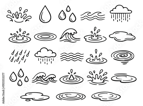 Hand drawn line art water icon set featuring raindrops, splashes, waves, and puddles for weather and nature concepts
