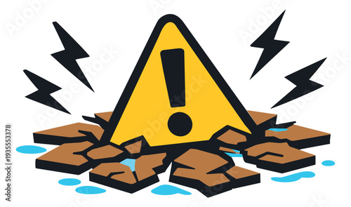 Graphic illustration of a warning sign depicting ground breaking with lightning bolts for a safety hazard