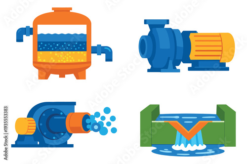 Flat design water engineering equipment set featuring a water filter, centrifugal pumps, and a weir for industrial processes