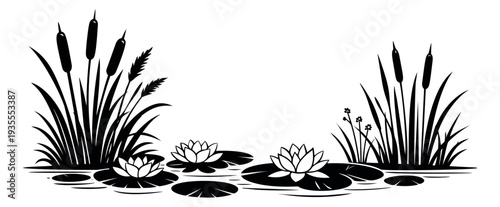 Silhouette aquatic plant set featuring cattails, water lilies, and reeds for wetland decor