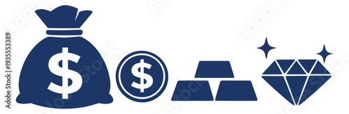 Flat style financial symbols set featuring a money bag, dollar coin, gold bars, and a shining diamond for finance and wealth concepts