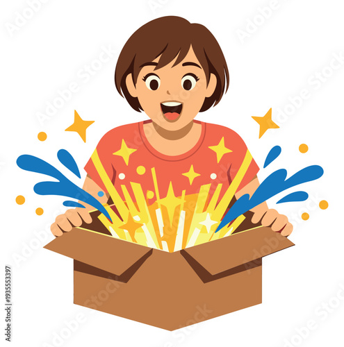 Cartoon illustration of a woman depicting a magical surprise bursting from an opened box for a gift or promotion