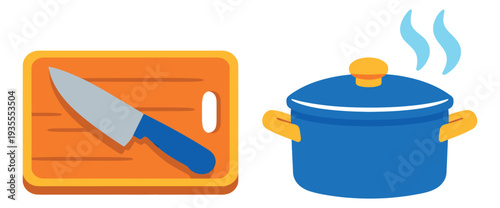 Flat design kitchen items set featuring a cutting board with a knife and a steaming pot for cooking and food preparation