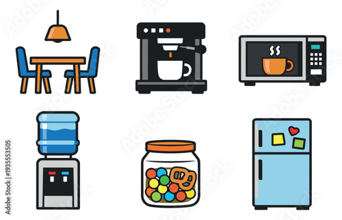 Colorful line art kitchen and office set featuring a dining table, coffee machine, microwave, water cooler, candy jar, and refrigerator for daily use