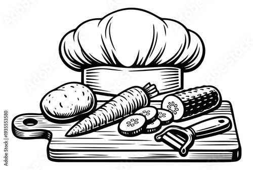 Hand drawn line art kitchen set featuring a chef hat, potato, carrot, cucumber, cutting board and peeler for culinary design