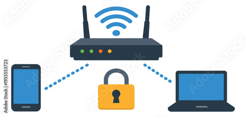 Modern flat design icon set featuring a Wi-Fi router, smartphone, laptop, and padlock for secure wireless network