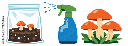 Cartoon style mushroom growing set featuring a grow bag, a spray bottle, and cultivated mushrooms for home cultivation
