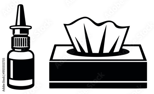 Line art cold and allergy relief set featuring a nasal spray bottle and a tissue box for illness symptoms