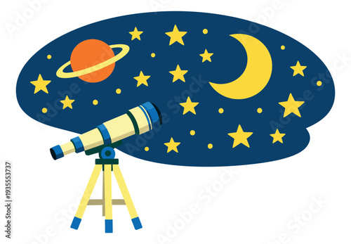 Simple flat illustration of a telescope observing a planet, moon, and stars in the night sky for astronomy education