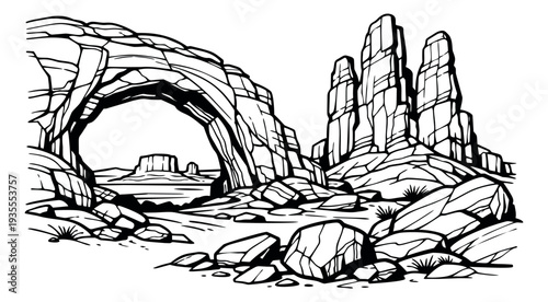 Hand drawn line art illustration of a desert landscape depicting a natural arch and rock pillars for travel and nature themes