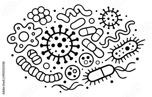 Hand drawn line art microorganisms set featuring diverse types of viruses, bacteria, and microbes for scientific illustration