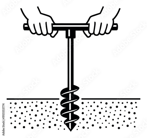 Hand drawn line art illustration of manual auger operation depicting drilling into the earth for gardening and construction