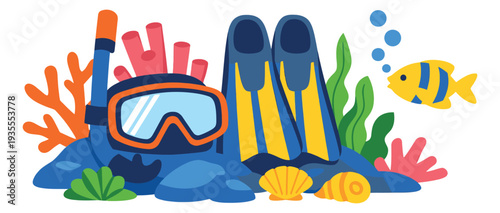 Colorful flat design snorkeling set featuring a dive mask, snorkel, fins, fish, and coral for summer vacation