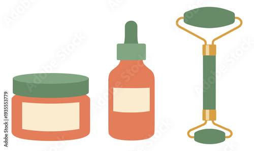 Flat illustration skincare products and tools set featuring a cream jar, a dropper bottle, and a jade roller for a beauty routine or self-care