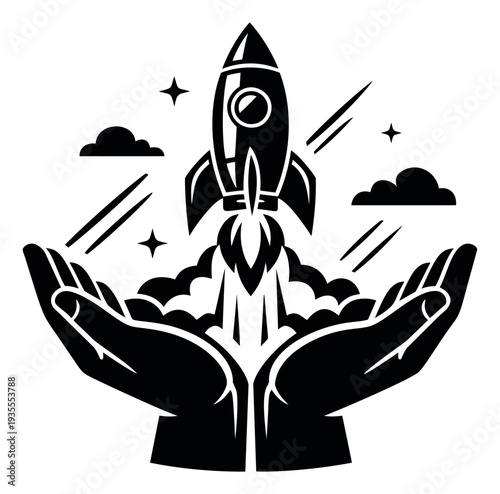 Iconic illustration of a rocket launching from cupped hands depicting startup concept for business innovation