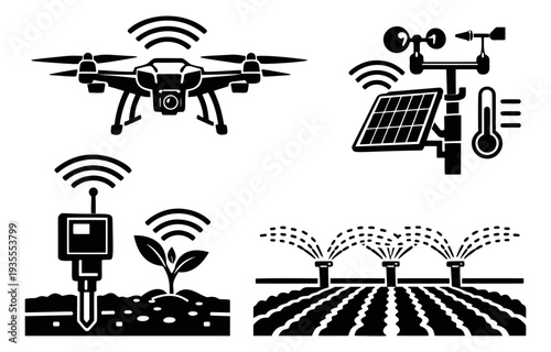 Modern glyph set featuring smart agricultural technology for precision farming
