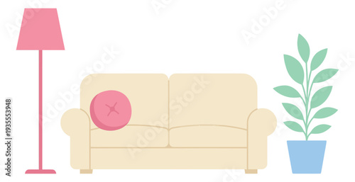 Flat design living room elements set featuring a sofa, floor lamp, and potted plant for home interior decoration