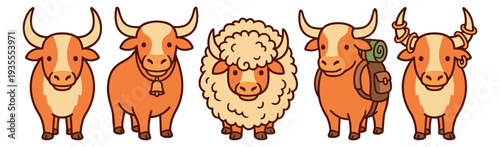 Cute cartoon yak and sheep set featuring various yak characters, including one with a backpack, and a fluffy sheep for asian travel, adventure, or nature designs