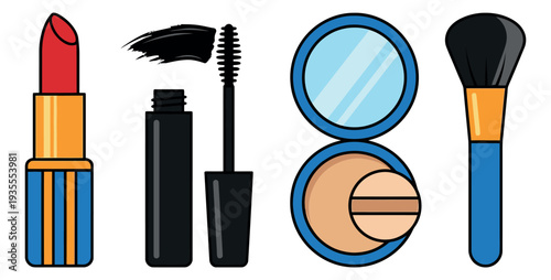 Cartoon line art makeup set featuring lipstick, mascara, compact powder, and a brush for beauty and cosmetics