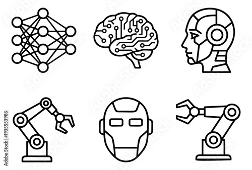 Line art AI and robotics icons set featuring neural network, robot heads, and robotic arms for technology concepts