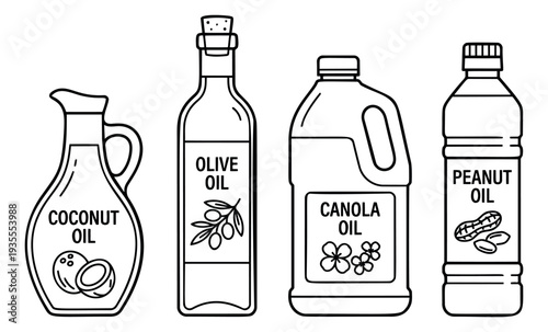Line art cooking oil set featuring coconut, olive, canola, and peanut oil for healthy food preparation