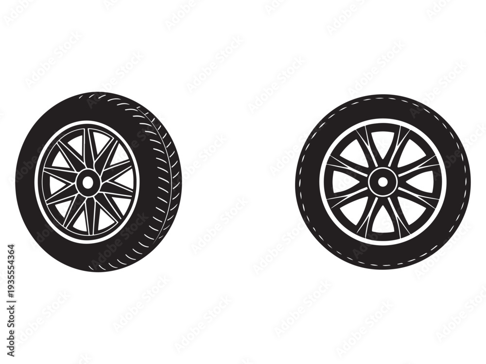 Fototapeta premium Two car tires with rims one with tread pattern and the other with dashed lines on white background