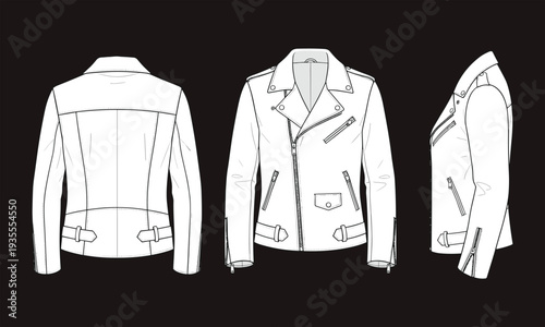 Biker, leather, jacket, technical, fashion, flat, sketch, front, back, side, view, zipper, pockets, belt, apparel, clothing, template, vector, illustration, design