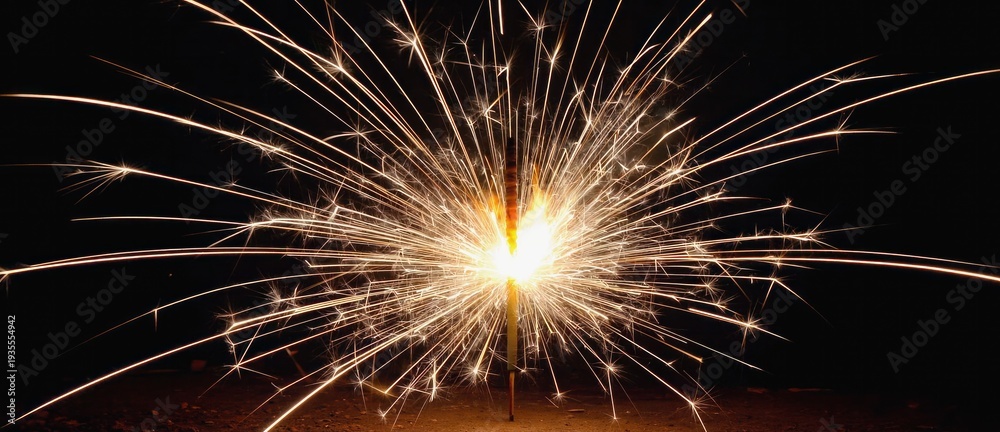 Obraz premium Sparkler with wide burst of golden sparks on black background.