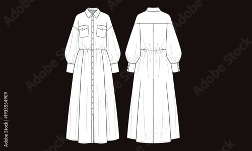 Women, shirt, dress, technical, fashion, flat, sketch, front, back, view, long, sleeve, button, pocket, apparel, clothing, template, vector, illustration, design