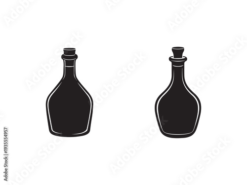Two dark glass bottles with narrow necks and rounded bodies on white background  simple minimalist design