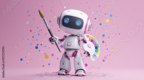A cute, pink and white robot artist holds a paintbrush and palette against a pink background with colorful confetti