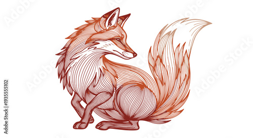 A detailed digital illustration of a fox sitting calmly on the ground viewed from the side in a minimalist style