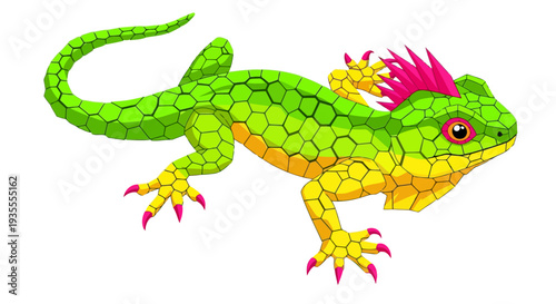 A vibrant illustration of a green lizard with a distinctive pink crest and claws, showcasing its detailed scales and bright red eye in a graphic style on a clean background from a side viewpoint