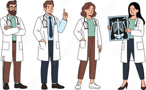 Professional Doctors Team Cartoon Collection with Male and Female Physicians Holding X Ray and Medical Equipment Vector Illustration Set