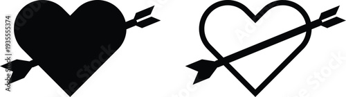 Heart with Arrow Icon Set. Love and romance symbols. Valentine's Day and passion signs. Romantic heart and target icon. Love hit and emotion design
