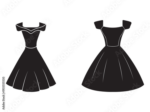Two elegant black silhouette dresses with white outlines on a clean white background  formal evening gowns