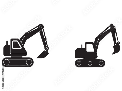 Two excavator machines with long arms and buckets for digging isolated on white background  heavy construction equipment