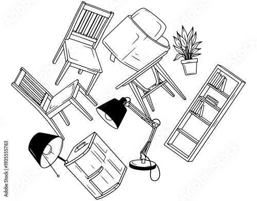 Minimalist Line Art Illustration of Floating Furniture Items Including Chairs, Desk Lamps, Bookshelf, and Potted Plant Representing Home Renovation, Moving, or Interior Design Chaos