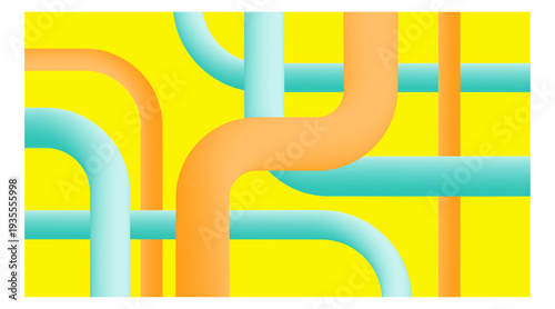 Intertwined 3D pipes creating a complex network.