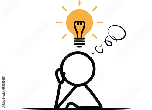 Cartoon Stick Figure Thinking with Idea Lightbulb isolated on transparent background