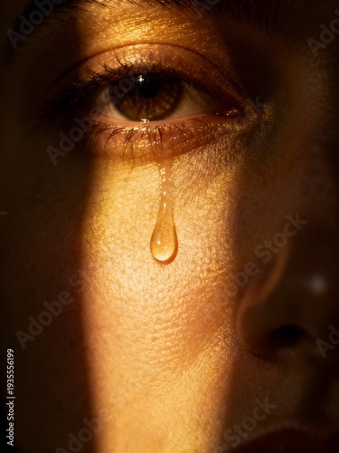 A tear drops from a sorrowful eye, a poignant moment captured in a close-up portrait, illuminated by soft light in a dim environment