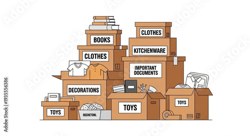 Stack of Moving Boxes with Labeled Household Items.