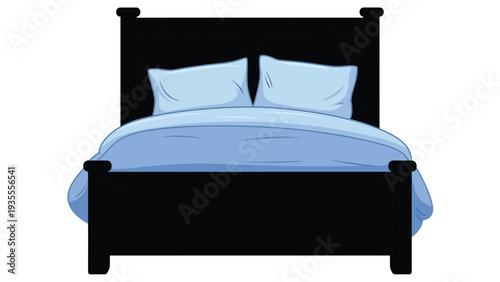 Black silhouette vector illustration of a double bed with pillows and a blanket isolated on a white background
