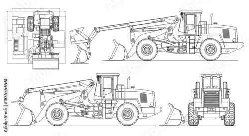 Long Wheel Loader AutoCAD Blueprint Vector – Multi View Construction Machinery Technical Drawing