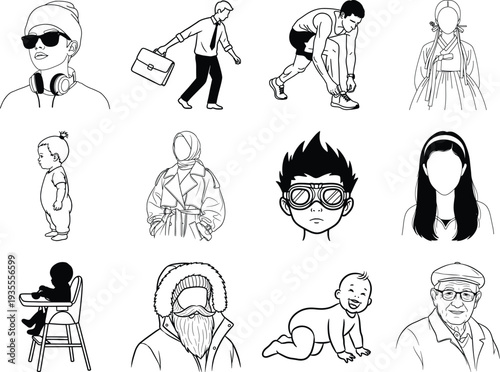 Black and white of people in various poses and outfits 4