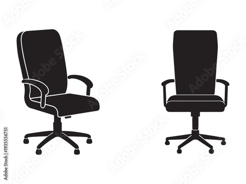 Two office chairs with wheels and armrests in black silhouette on white background for business and furniture concepts