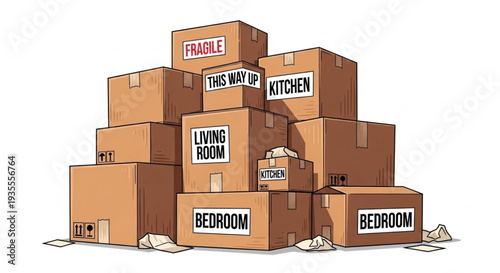 Stack of Moving Boxes with Labels.