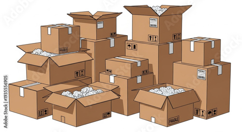 Stack of Open Brown Cardboard Boxes.