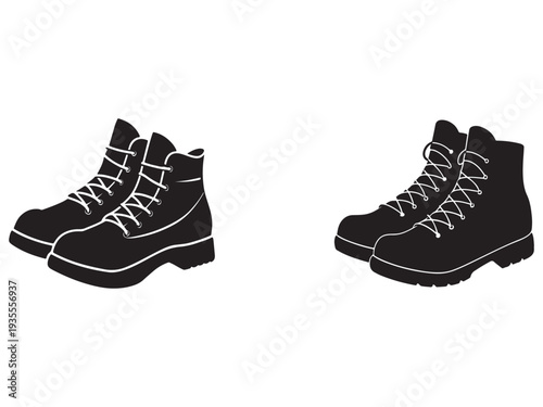 Two pairs of black boots with white laces and soles on white background  footwear icons