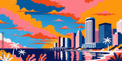 Miami Tropical Sunset Clouds Over Ocean Skyline – Flat Vector | USA US U.S United States Coastal Cityscape Art